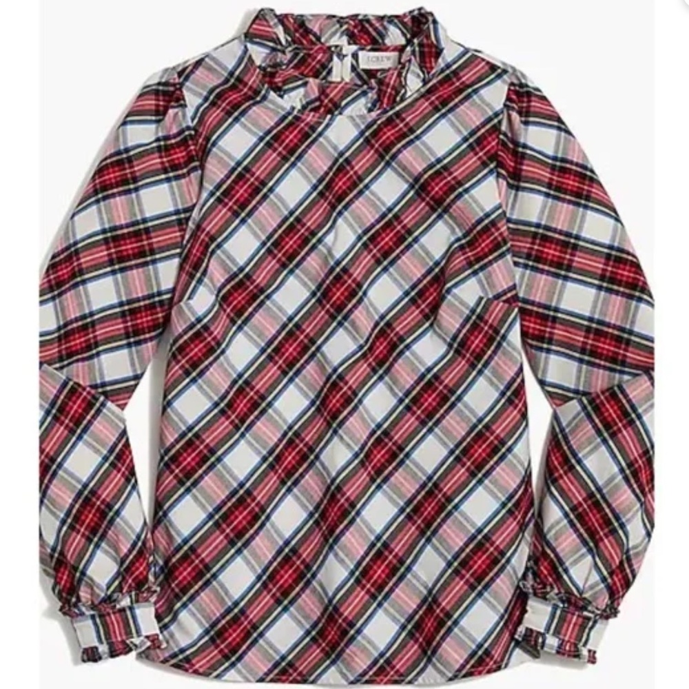 New J.Crew Factory Cotton Poplin Ruffleneck Top, Red White Plaid Preppy Shirt XL